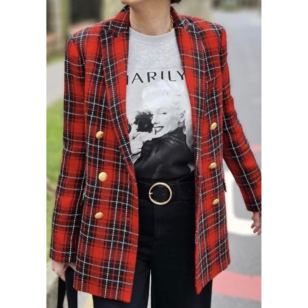 Zara Tartan Plaid Tweed Blazer S Gold Button Double Breasted Preppy Academia